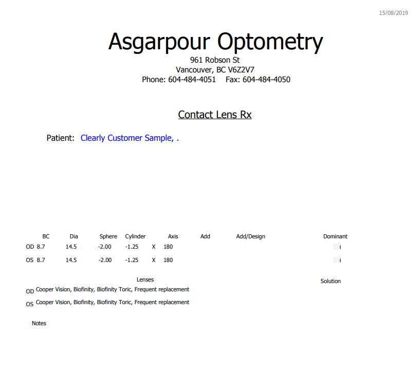 Contact Lenses Prescription Sample