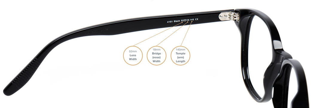 Glasses temple arm measurements