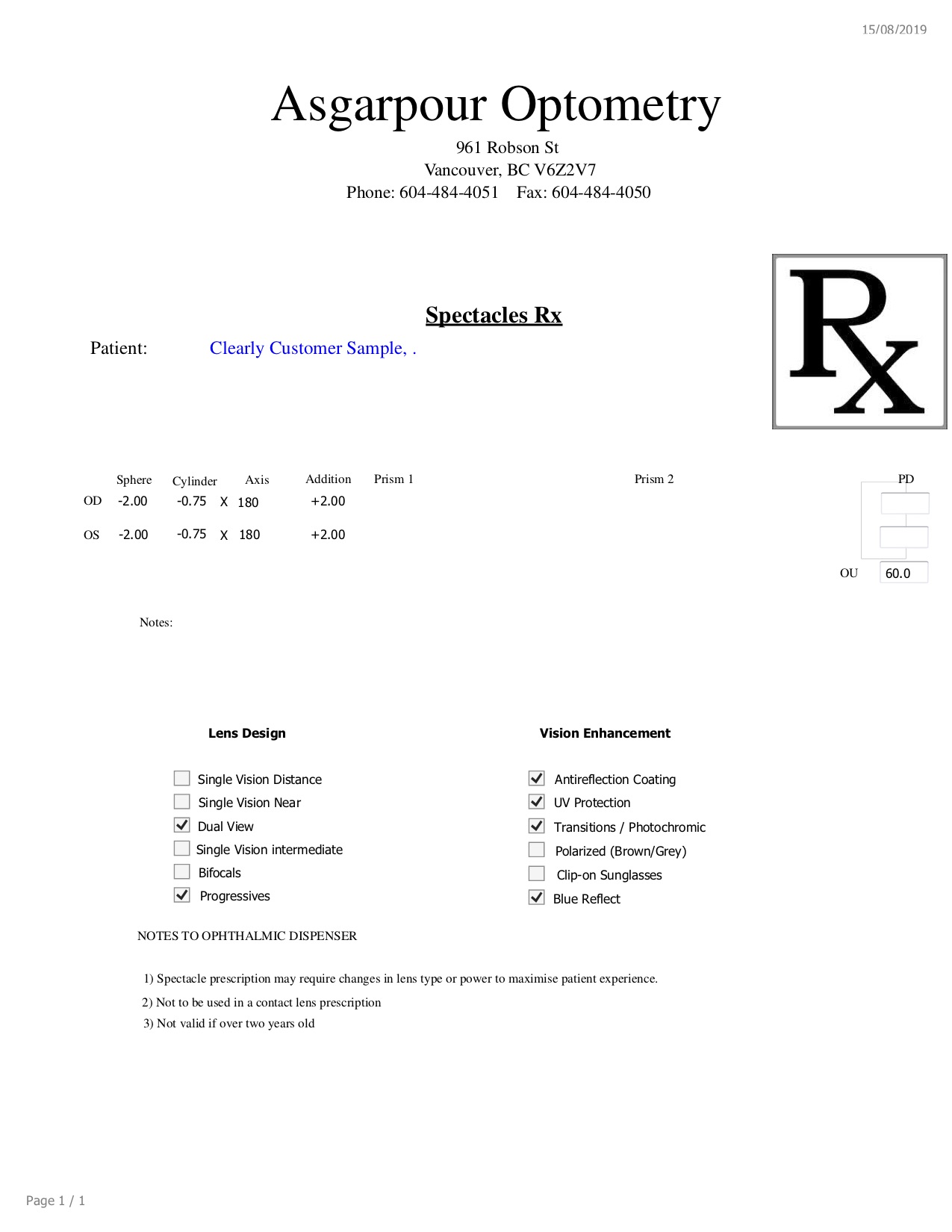 Glasses Prescription Sample