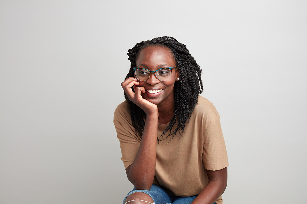 woman in rounded cat eye glasses