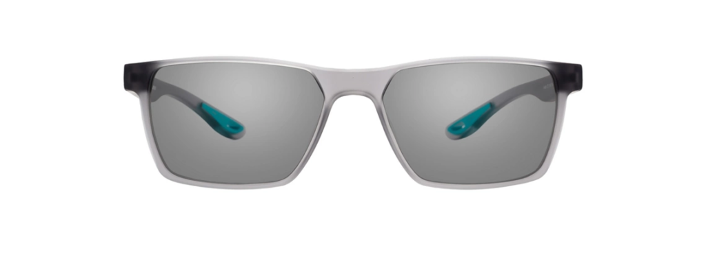 Grey rectangular sunglasses with grey tinted lenses
