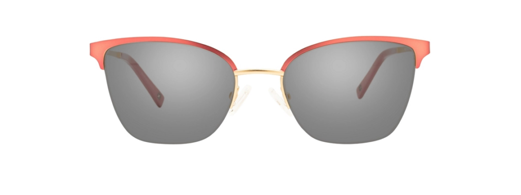 Pink and gold semi-rimless browline sunglasses with grey tinted lenses