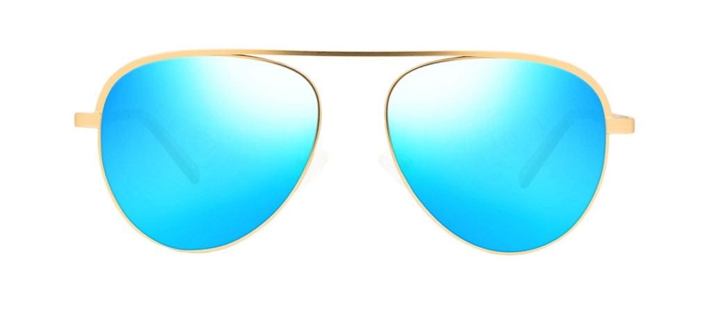 Gold aviator sunglasses with blue mirror tinted lenses