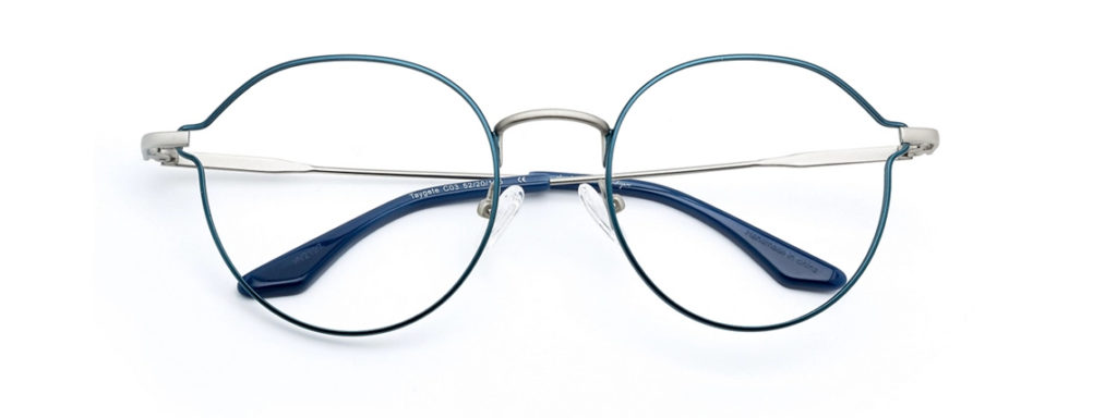 a pair of blue wire frame glasses with silver metal and nosepads