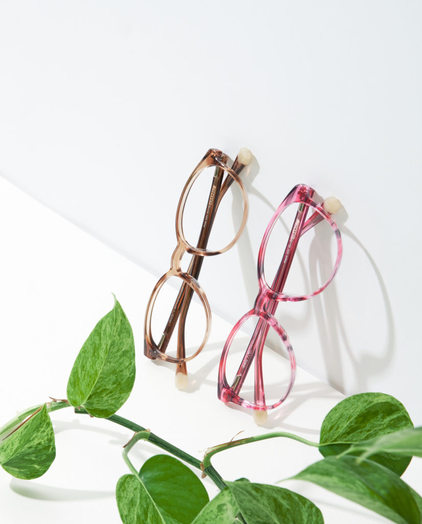 brown and pink clear frame glasses