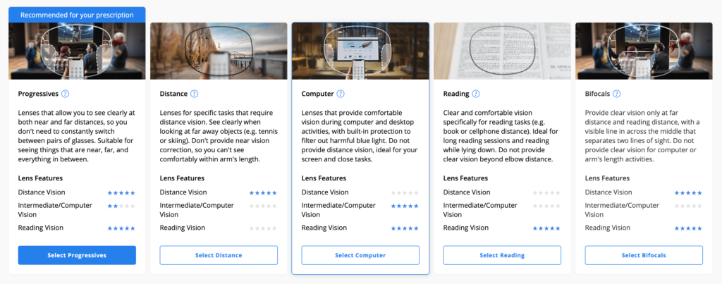 Select your lens type for reading prescription