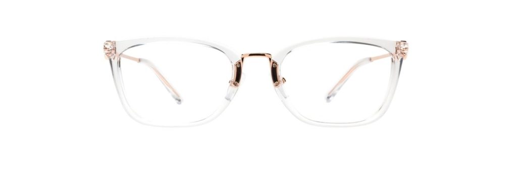 clear frame glasses with bronze metal accents