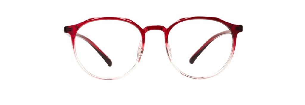 red and white clear frame glasses