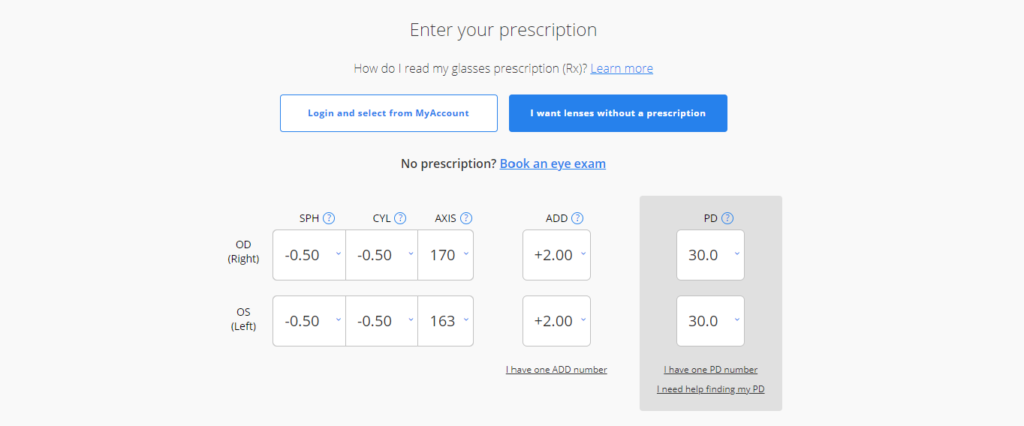 Enter your glasses prescription