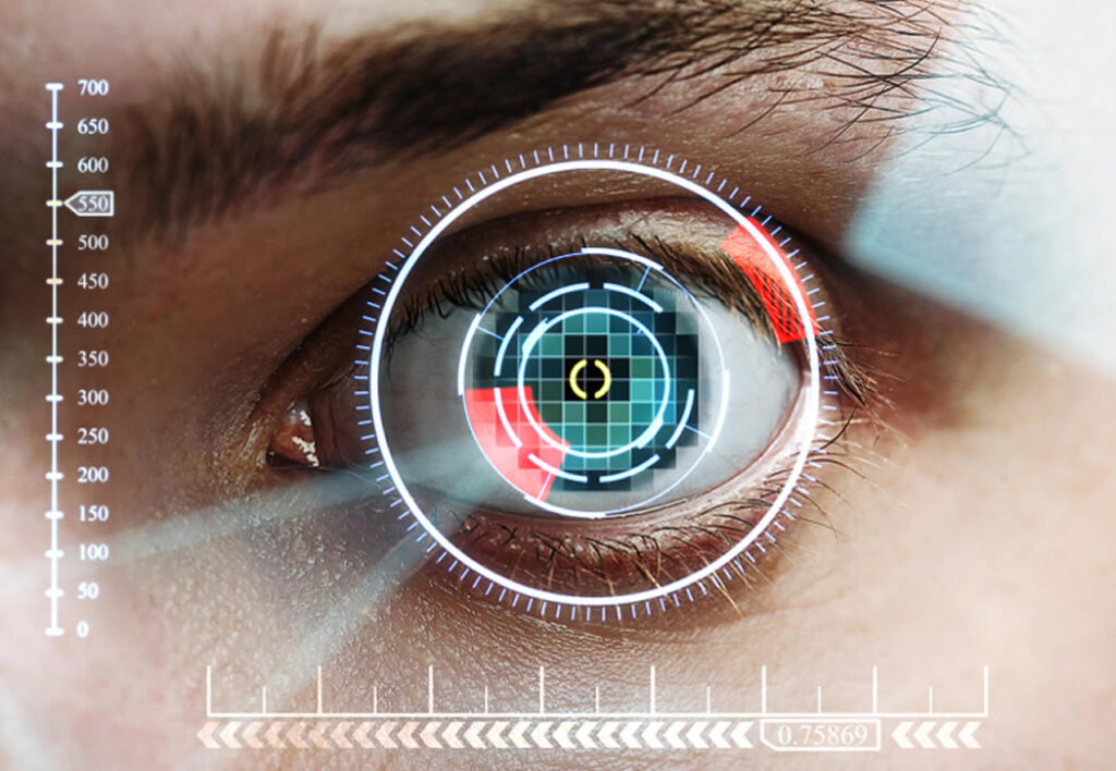 A closeup of an eye with an overlay simulating an eye examination