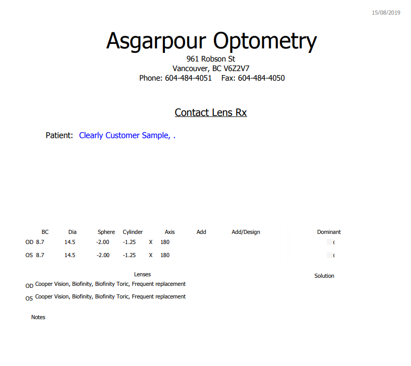 contact lens prescription